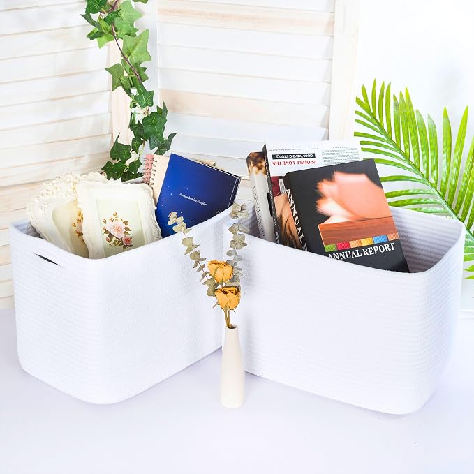 3-Pack Decorative Woven Storage Baskets for Shelves, Cube Bin Box for Organizing Books, Shoes, Dog Toys, Pantry Closet and Living Room Organizer, Full White