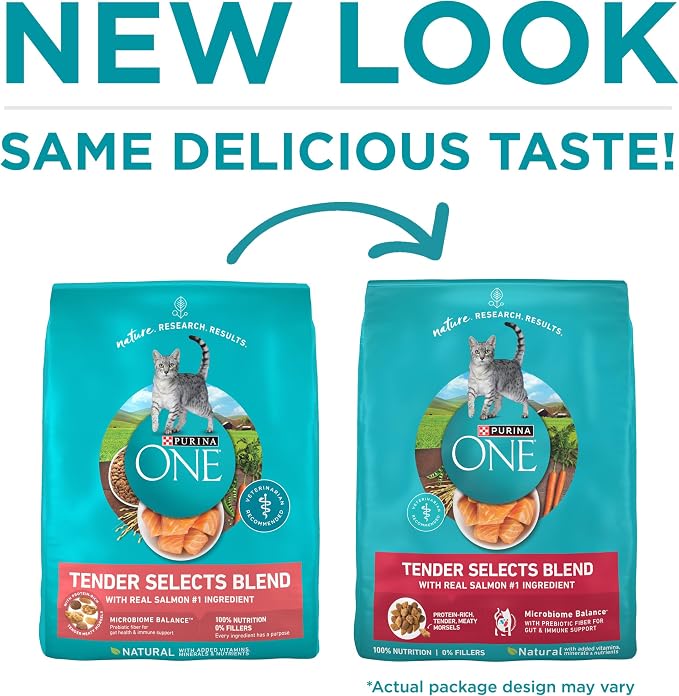 Purina ONE Tender Selects Dry Cat Food, Salmon, 16 lb Bag | Real salmon is the #1 ingredient made with carrots, peas, vitamins A and E for bright eyes, strong muscles and digestion