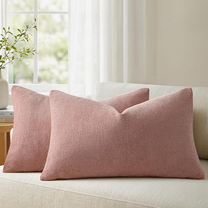 a moment Pack of 2 Decorative Chenille Throw Pillow Covers with Twill Cushion Covers for Sofa Living Room Couch Bed 12x20 Inch Blush Pink