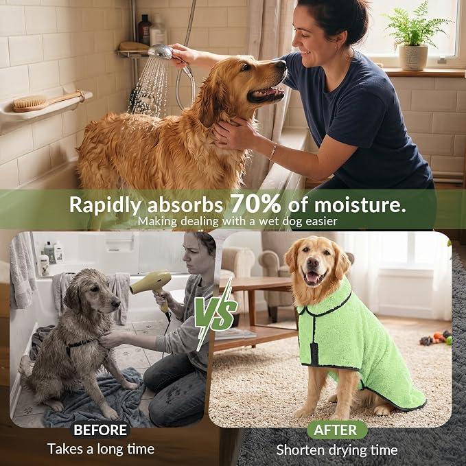 Dog Bathrobe, Super Absorbent for Small to Large Dogs, Neon Green L | Dog Robes with Soft Fleece, Warm & Cozy, Adjustable Fit, and Quick Drying Coat for Baths Swimming and Grooming