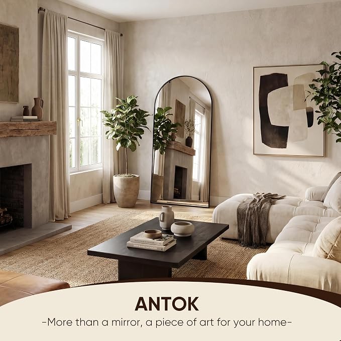 Antok 71" x28” Arched Full Length Floor Mirror, Black Aluminum Frame, Free Standing/Wall Mount/Leaning for Bedroom, Living Room, Dressing Room