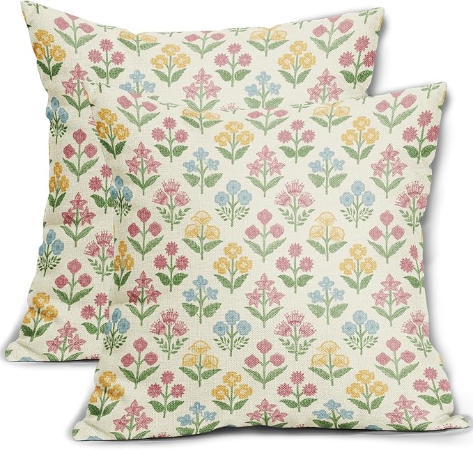 Spring Floral Block Print Pillow Covers 18x18 Inch Set of 2, Easter Decoration Pink Yellow Blue Flower Decorative Throw Pillowcases Outdoor Farmhouse Cushion Covers Holiday Sofa Couch Bed Decor