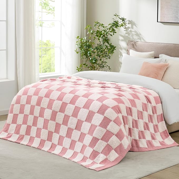 Snuggle Sac Checkered Throw Blanket Faux Fur Microfiber Blankets for Couch,Cozy Soft Warm Blanket for Sofa Bedroom Living Room,Pink Checker,60x80 inches
