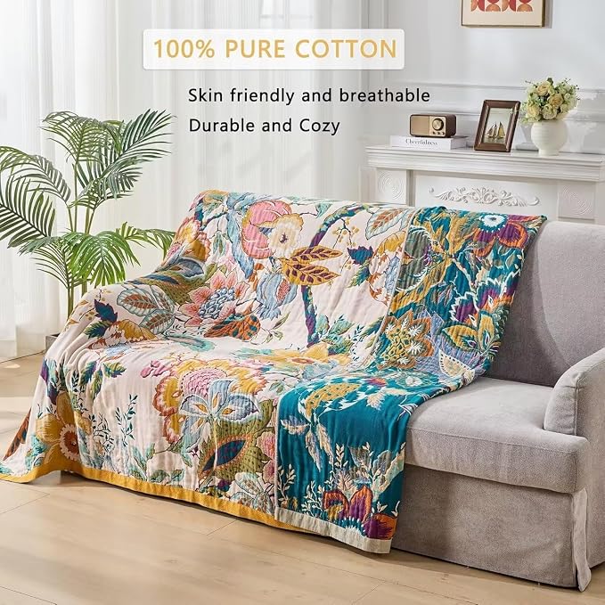 Boho Throw Blanket Farmhouse Decor Throw Blanket Bohemian Blanket for Bed 100% Cotton Muslin Woven Couch Blanket All Seasons Quilt Bedroom (C-Beige, 80"x90")