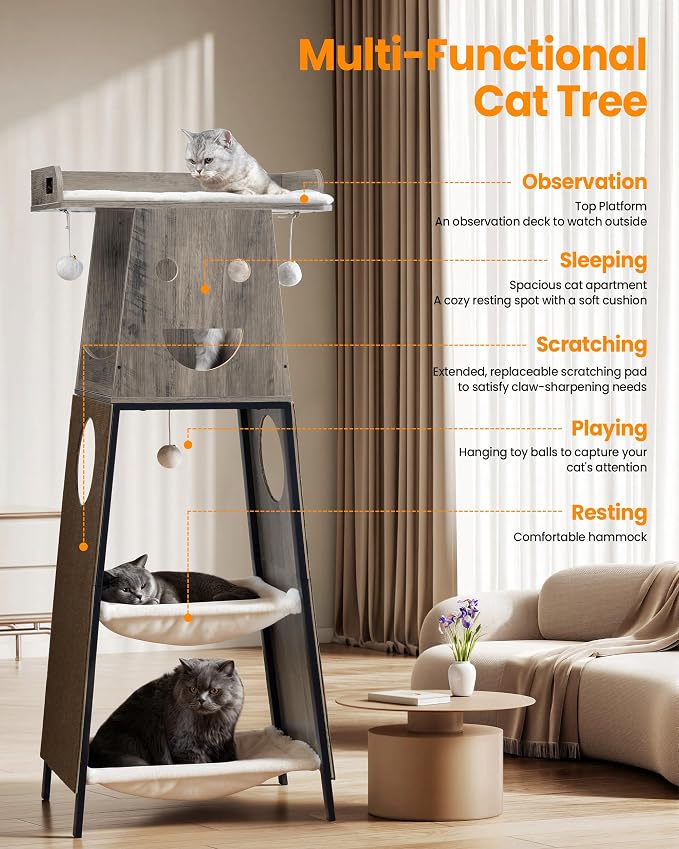 56in Modern Wood Cat Tree Tower for Indoor Cats with Hammock | Multi-Level Climbing Design, 2 Spacious Hammocks, Top Perch, Cat Condo, Scratching Boards, Ideal for Multi-Cat Homes,Greige