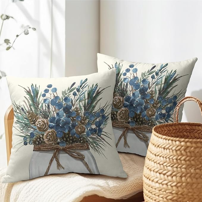 Kawani Pinecone Branch Throw Pillow Covers 22x22 Set of 2 Brown Blue Pine Needle Jar Farmhouse Decorative Pillow Cases Cotton Linen Cushion Cover for Sofa Couch Outdoor Home Decor