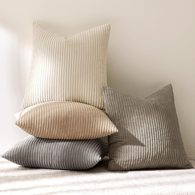 MIULEE Soft Corduroy Decorative Throw Pillow Covers Neutral Cream 20x20 | Set of 4, Mordern Nordic Home Decor, Cozy Cream Collection, Boho Farmhouse Cushion Covers for Couch Bed Sofa Living Room