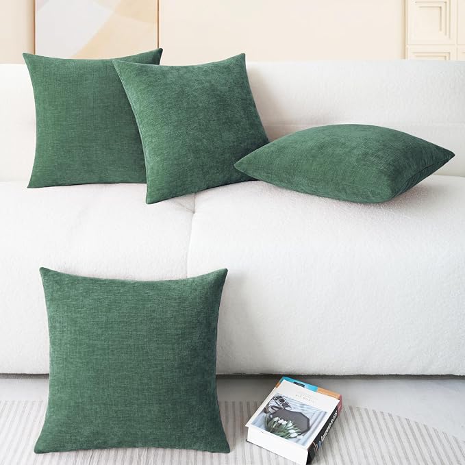 CaliTime Decorative Couch Throw Pillow Covers 18 X 18 Inches Dark Green | Pack of 4, Cozy Chenille Cushion Cases for Sofa Bed Living Room Farmhouse Home