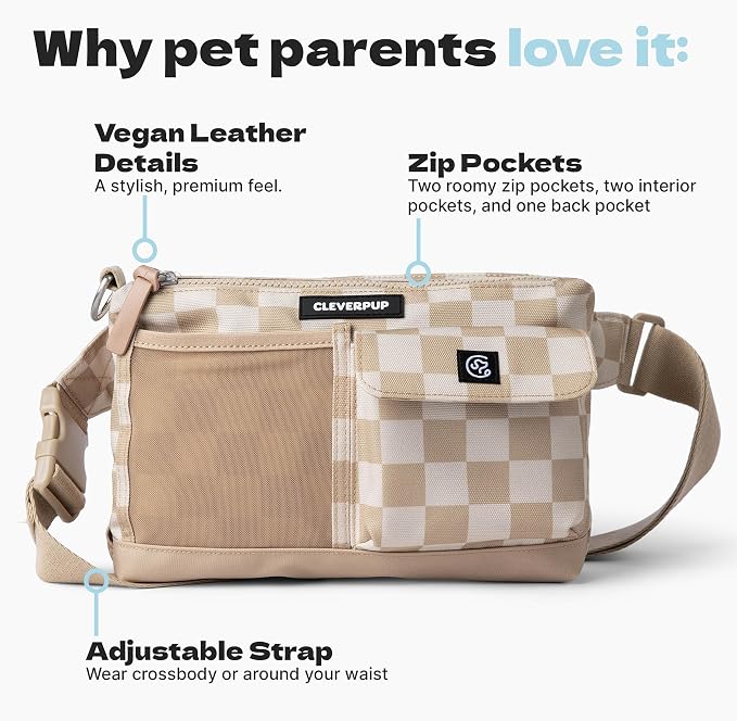 Cleverpup Walk & Train 2-in-1 Dog Walking Bag - Hands-Free, Checkerboard