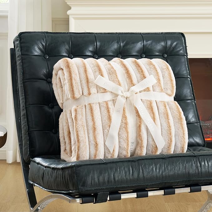Cozy Bliss Faux Fur Throw Blanket for Couch, Cozy Warm Plush Striped Blanket for Sofa Bedroom Living Room,50 * 60 Inches Khaki
