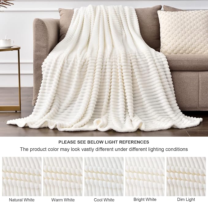 BEDELITE Ribbed Jacquard Off White Blankets Queen Size for Bed, 90x90 Inch | Soft Warm Decorative Fluffy Blanket, Cozy Fuzzy Lightweight Plush Fleece Throw Blankets for Bed, Room Decor, Gift for Women