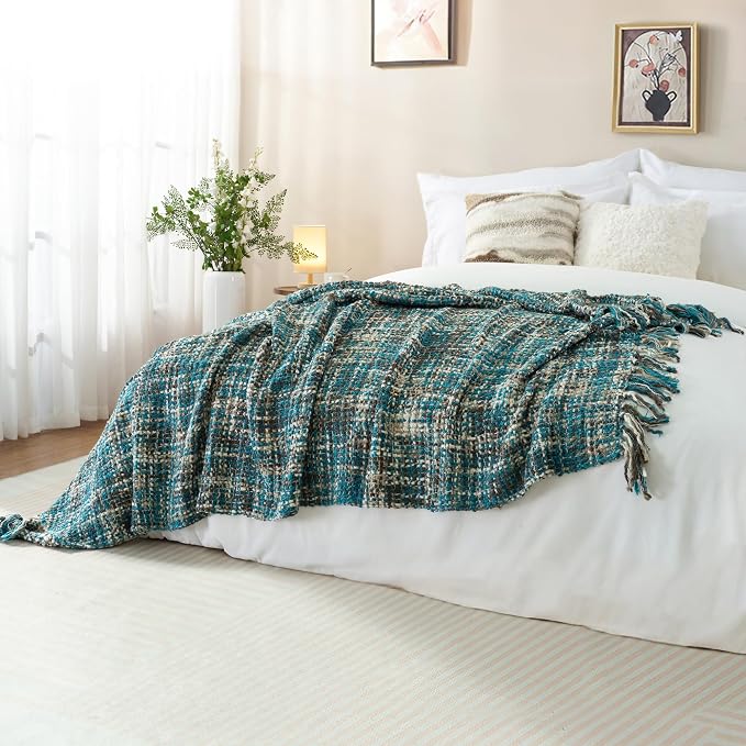 Multi-Color Cable Woven Throw Blanket for Couch - 60"X80" | Multicolored Boho Style,Super Soft Warm Cozy Chunky Blankets with Decorative Tassels for Bed and Sofa,Teal