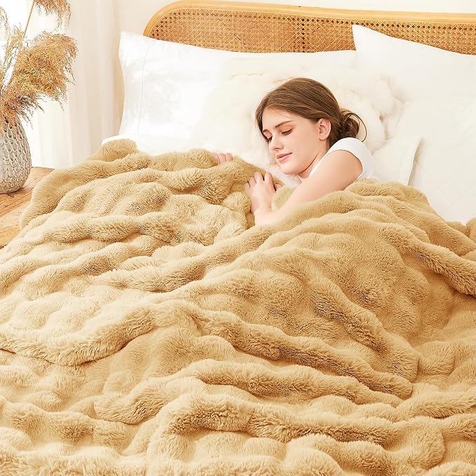 L'AGRATY Faux Rabbit Fur Throw Blanket for Couch, 50''x60'', Milk Tea Brown | Soft Cozy Bubble Fluffy Blanket for Sofa Bed, Thick Warm Plush Fuzzy Throw for Room Home Decor, Luxury Gift for Women Mom