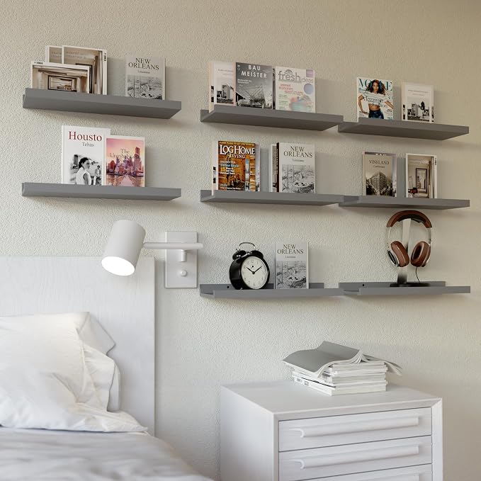 RICHER HOUSE 8 Set Floating Wall Mounted Shelves, Nursery Hanging Book Shelves with Lip for Storage, Gray Display Picture Ledge Shelf for Bedroom Bathroom Kitchen Living Room Wall Decor, Modern Grey | Display Picture Ledge Shelf, Anti-drop lip Shelf fo...