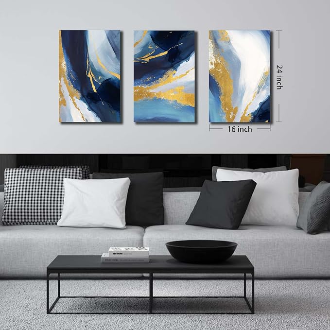 DNIEOTU Abstract Canvas Wall Art for Living Room, Blue and Gold Picture Prints Wall-Decor for Bedroom, Size 16 x 24 Inches 3-Pieces