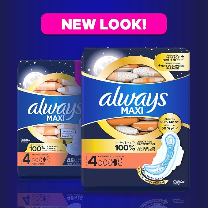 Always Maxi Overnight Pads with Wings for Women, Size 4, Overnight Absorbency, Unscented,84 Count (Pack of 2)
