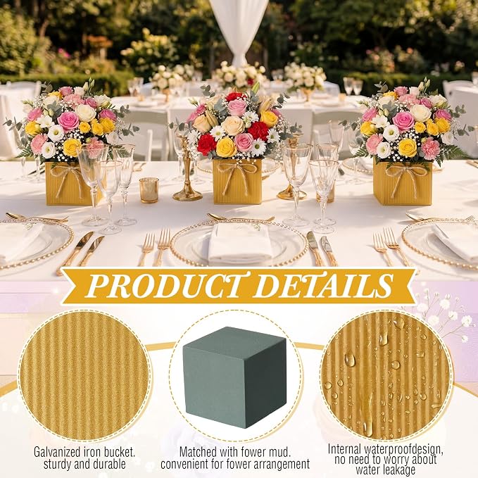 12 Pack Galvanized Square Vases with Floral Foam, 3.5 inch Waterproof Rustic Tin Buckets with Twine Bows, Mini Farmhouse Metal Planter Centerpieces for Wedding Party Table Decor (Gold)