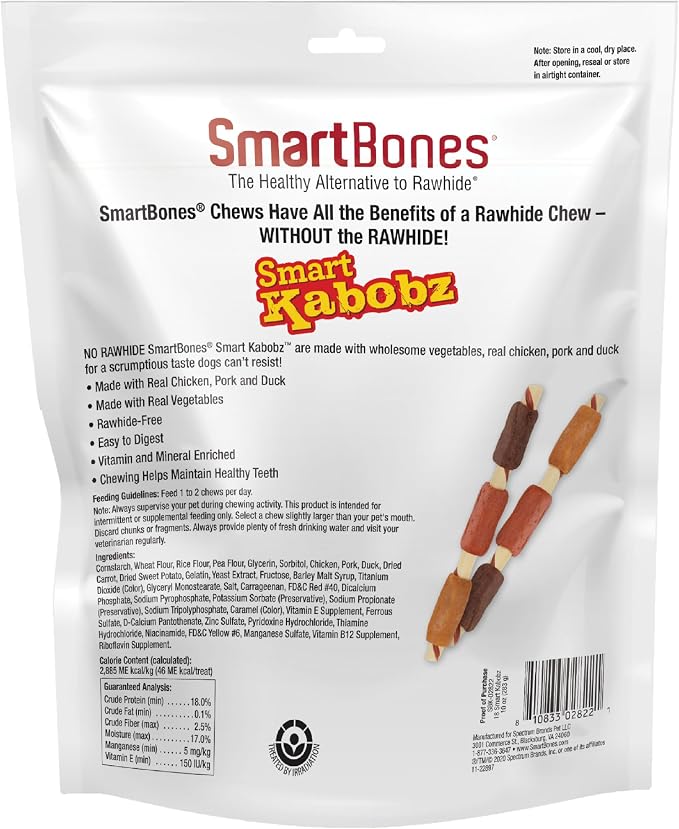 SmartBones Kabobz Rawhide-Free Dog Treat, Chicken, Pork, Duck, 18 Count | Highly Digestible, Vitamin & Mineral Enriched, Supports Dental Health, For Adult Dogs