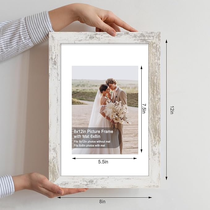 Hongkee 8x12 Picture Frame Set of 4, Made of Glass and Distressed White Wooden Frame - Display 6x8 Picture with Mat or 8 x 12 Poster Without Mat, 8 by 12 Photo for Wall or Tabletop