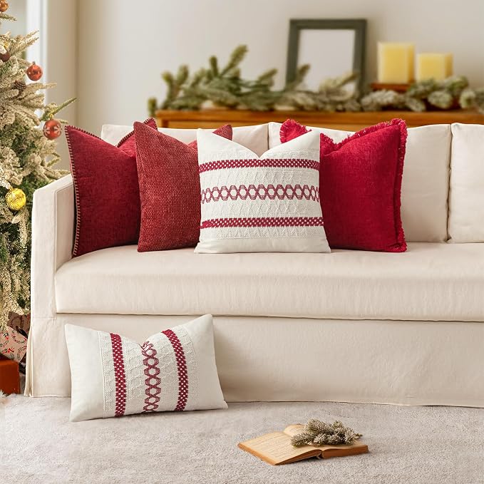 MIULEE Decorative Couch Throw Pillow Covers 16x16 Inch Red 2 Pack | Summer Farmhouse Pillow Covers with Stitched Edge, Soft Chenille Cushion Cases, for Sofa Bed Living Room Home Decor