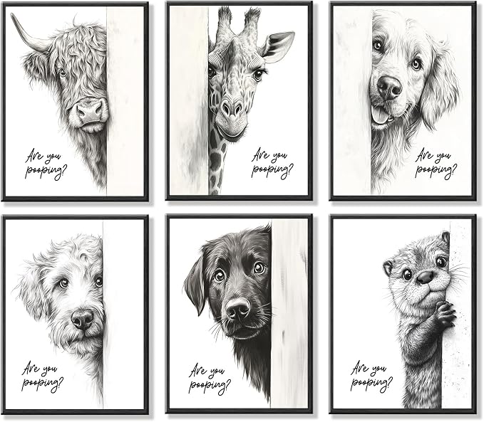 Funny Bathroom Wall Art Set of 6 Black and White Bathroom Posters Unframed | Premium Canvas Prints, Cute Animal Wall Decor, Retro Funny Toilet Art Prints for Wall Decoration, 8x10Inch