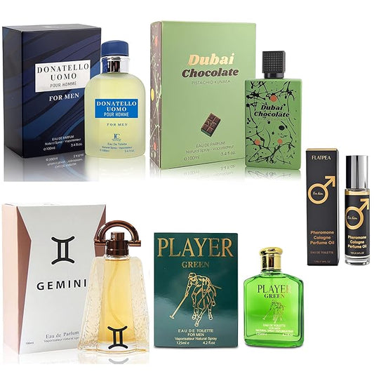 AFLUXE Men's Cologne Gift Set - Variety Pack of 4 Long Lasting Fragrances with 10ml Pheromone Cologne (Donatello UM Dark Blue/Dubai Chocolate Green/Player Green/GEMINI)