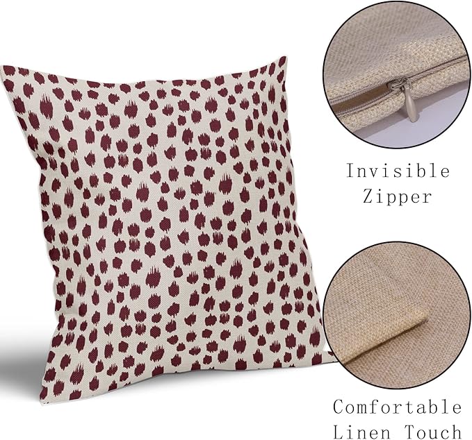 Burgundy Cream Pillow Covers 18x18 Set of 2 Boho Design Polka Dot Throw Pillows Modern Brush Strokes Print Decorative Outdoor Pillowcase Square Cushion Cover Linen Pillow Case for Home Sofa Couch Bed