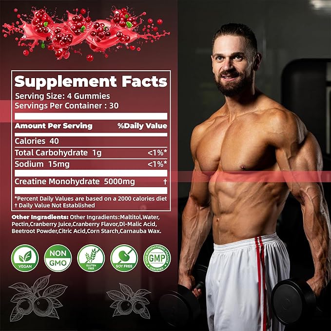 Nutravita Creatine Monohydrate Gummies for Men & Women-5g of Creatine Monohydrate per Serving - Sugar Free,Vegan, Cranberry Flavor, 120 Count
