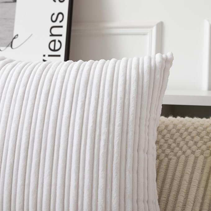UGASA 14x24 Inch Pillow Cover Pack of 1 Soft Boho Stripe Corduroy Long Rectangular Lumbar Cushion Cover Farmhouse Decorative Throw Pillowcase for Bed, Couch, Sofa, Bedroom, Living Room, Pure White