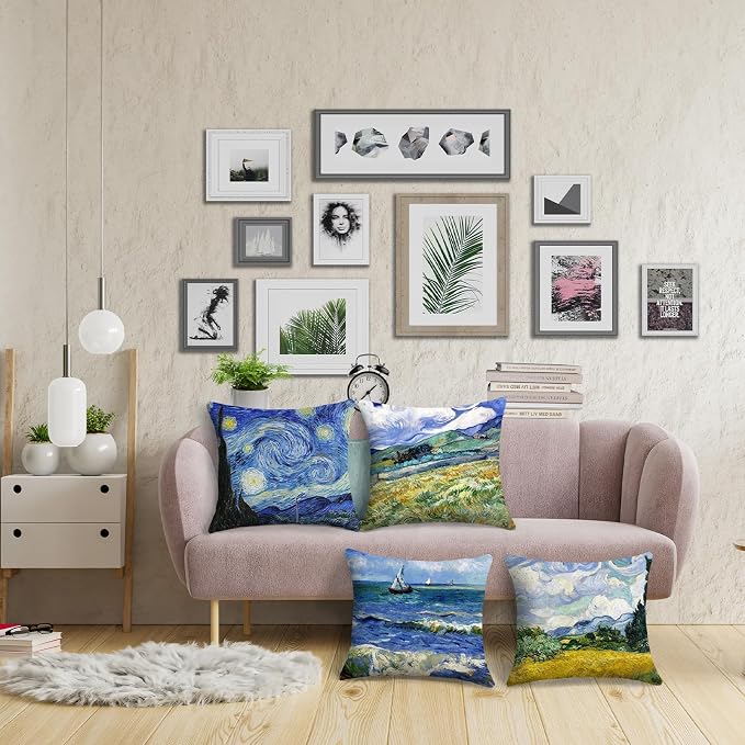 Vincent Van Gogh Pillow Cases Set of 4 Abstract Art Design Cushion Covers Square Decorative Pillow Covers for Famous Painting Fans 18 x 18 Inches