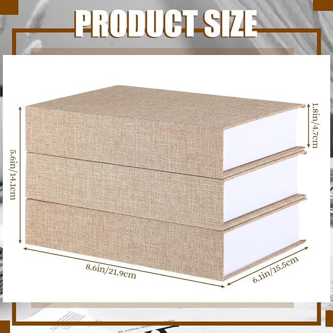 Tioncy 3 Pcs Decor Linen Faux Book Box Set Aesthetic DIY Fake Linen Book Box for Decor Storage Cafe Table Bookshelf Gift Home Keepsake(8.6 x 6.1 x 1.8 Inch,Khaki)