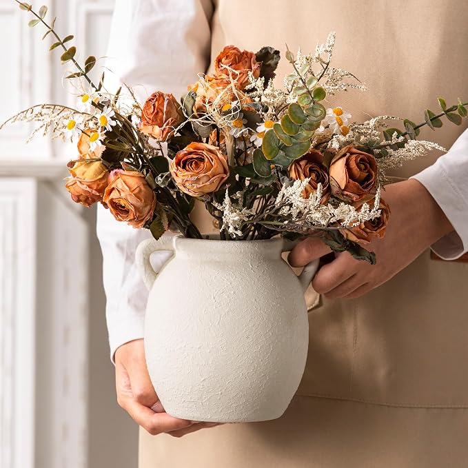 Dobbyby Ceramic Flower Small Vase 6 inch Farmhouse Rustic Vase Decorative Pottery Terracotta Vases for Home Decor Table Mantle Fireplace Living Room Bathroom Wedding Centerpiece