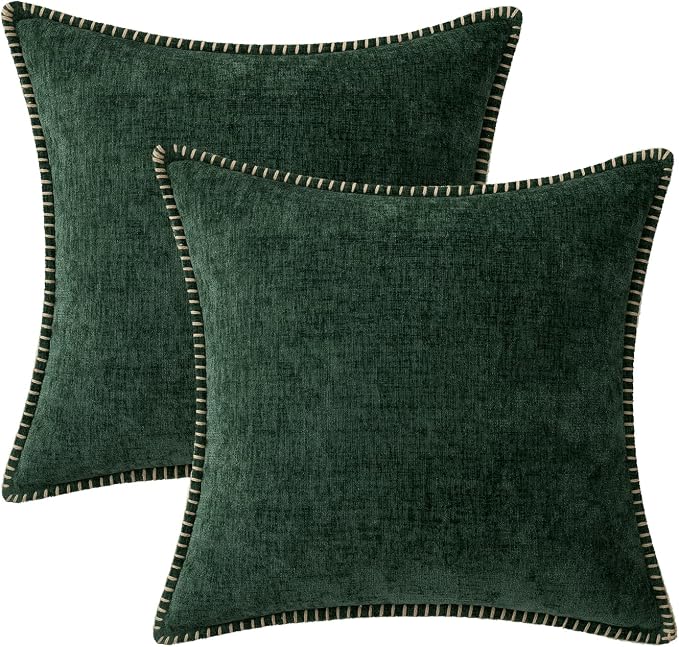 MIULEE Decorative Couch Throw Pillow Covers 20x20 Inch Dark Green 2 Pack | Farmhouse Pillow Covers with Stitched Edge, Soft Chenille Cushion Cases, for Sofa Bed Living Room Home Decor