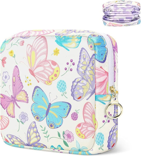 Likesing Period Bag Pouch, Canvas Sanitary Napkin Storage Bag for Girls Womens, Portable Sanitary Napkin Period Pad Pouch Bag for Purse, Small Make Up Bags(White Butterfly)