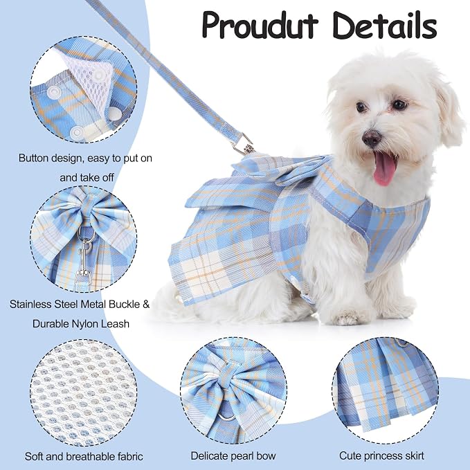Potchen 4 Pcs Plaid Dog Dresses with Bow Harness and Leashes,S,Light Color