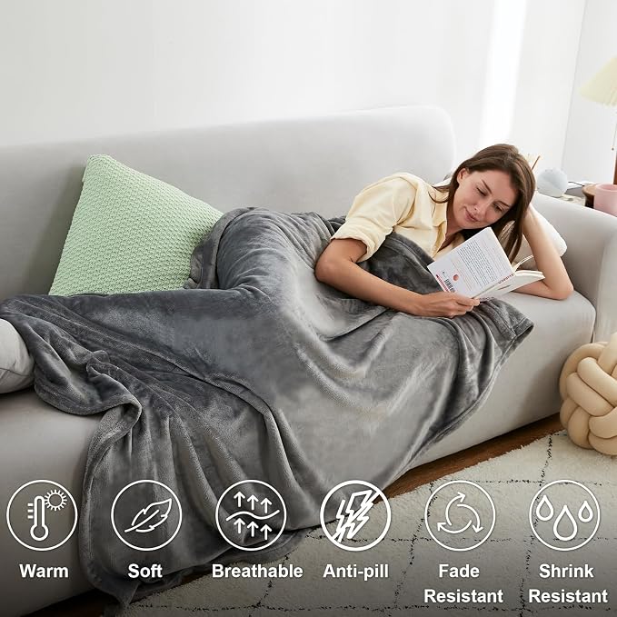 Hansleep Throw XL Grey Fleece Blanket, Soft Flannel Bed Blanket | Fuzzy Cozy Blanket 50x70 Inches, Multi-use for Bed, Sofa, Couch, Travel, Camping, All Season Warm Lightweight Cover