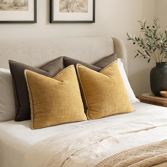MIULEE Decorative Couch Throw Pillow Covers 20x20 Inch Gold 2 Pack | Mustard Yellow, Farmhouse Pillow Covers with Stitched Edge, Soft Chenille Cushion Cases, for Sofa Bed Living Room Home Decor