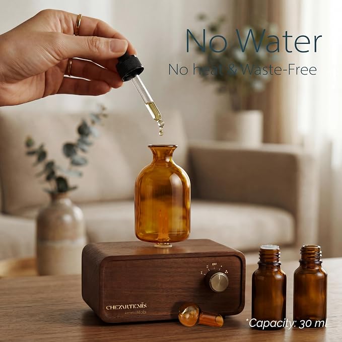 Ember Glass Essential Oil Diffuser with Handmade Wood Base for Aromatherapy, Retro Waterless Scent Diffuser with Cool Mist, Portable & Cordless Oil Nebulizer with LED & Timer, 2026 Model