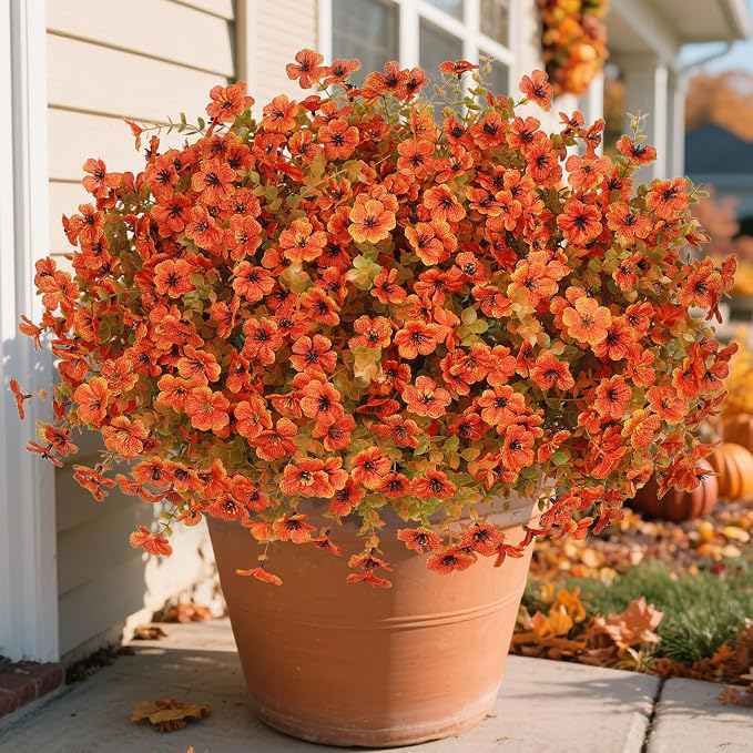 24 Pcs Artificial Fall Flowers, Fake Mums Outdoors, Fall Orange | Lifelike faux mums, silk flower, UV resistant, no-maintenance, for autumn Thanksgiving garden porch yard indoor outdoor decor