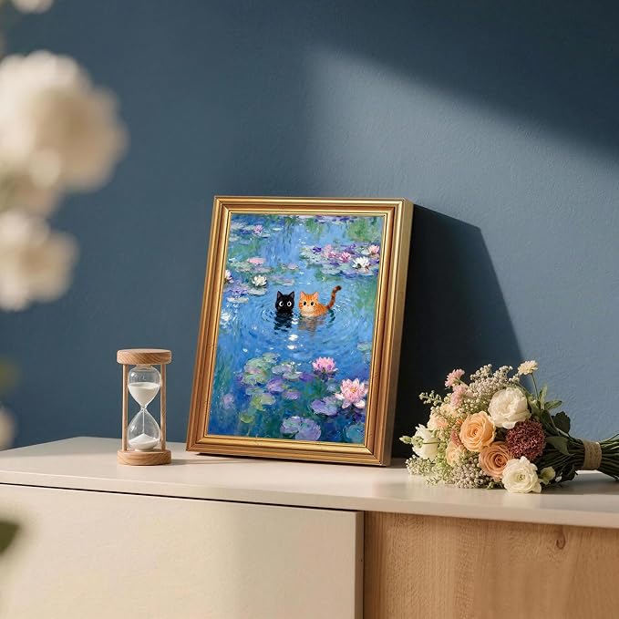 ICHZUMW Gold Framed Funny Cats Monet Water Lilies Canvas Wall Art, 8x10 In | Quirky Black and Orange Cats, Humorous Bathroom Wall Decor, Bedroom Restroom Powder Room, Fade Resistant, Ready to Hang