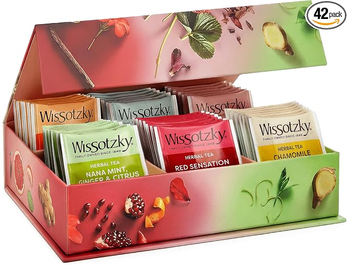 Wissotzky Herbal Tea Gift Set - Variety Pack Sampler (42 Tea Bags) Premium Reusable Gift Box | Caffeine-Free | 6 Exciting Flavors | Individually Wrapped Tea Bags | Ideal Present for Holiday & Corporate Gifting | Magnetic Closure Box | Kosher
