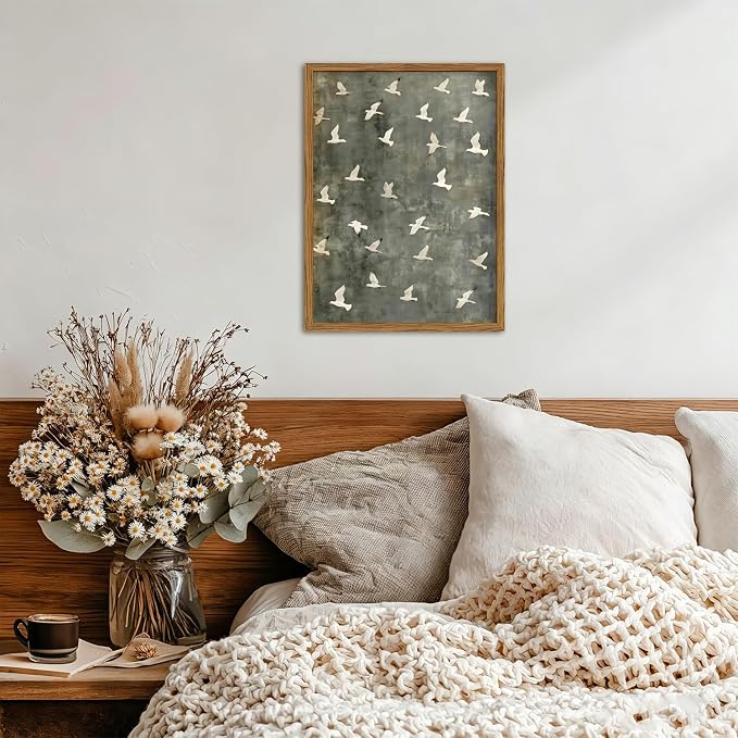 Framed Vintage Flying Bird Canvas Wall Art, Minimalist Abstract Flock of White Birds Pictures Wall Decor, Cottagecore Nature Wildlife Prints Paintings for Living Room Bedroom Home Office 12x16 inch