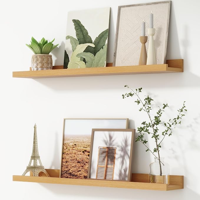 Picture Ledge Shelf, Floating Shelves for Wall, 32" W Set of 2, Oak | FSC Certified Engineered Wood, Wall Mounted Bookshelf, for Nursery Living Room Bedroom, Pre-Drilled, Easy Install