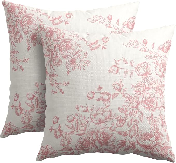 Kawani Pink Chinoiserie Pillow Covers 18x18 Set of 2 Vintage Victorian Bouquet Flower Leaves Cotton Linen Square Cushion Case for Couch Sofa Sofa Bedroom Indoor Outdoor Party Home Decor
