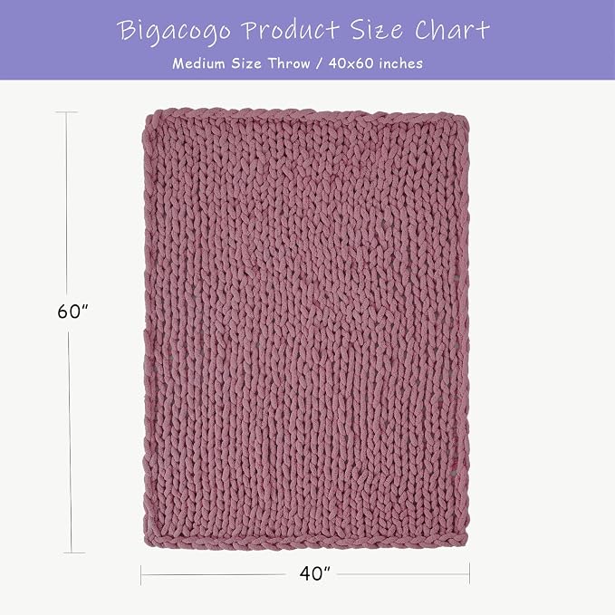 Bigacogo Chunky Knit Throw Blanket for Couch, 40x60 inches, Burnt Rose | Hand Knit with Jumbo Chenille, Soft Breathable Cable Knit for Sofa Bed Living Room, Machine Washable, Gift for Mom Friend