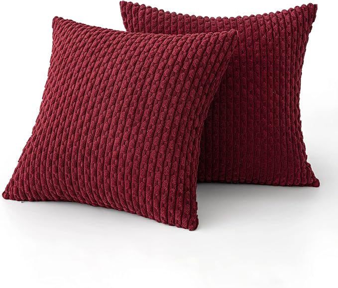 MIULEE Decorative Throw Pillow Covers 18x18 Burgundy Textured Corduroy | Pack of 2 Striped Pillow Covers Modern Farmhouse Home Decor for Couch Bed Sofa Living Room