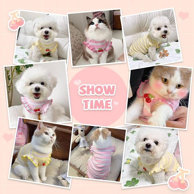 2 Pack Striped Small Dog T Shirt Cute Cherry Girl Dog Clothes for Small Dogs Cats Breathable Soft Cotton Pet Puppy Sleeveless Vest Spring Summer Pet Outfits（Pink+Yellow,XX-Large）