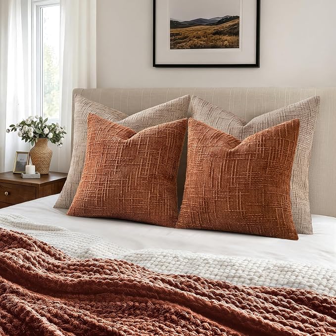 MIULEE Chenille Textured Fall Throw Pillow Covers Burnt Orange 16x16 | Set of 2, Slubby Decorative Pillows, Boho Farmhouse Home Decor, Modern Neutral Cushion Covers for Couch Sofa Bed Living Room