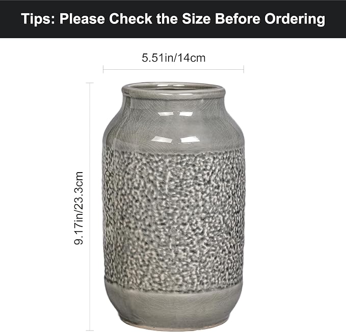 Ceramic Vase for Home Decor, 9 Inch Minimalist Decorative Vases for Flower, Centerpieces, Bookshelf, Tabletop, Living Room, Bathroom, Entryway, Coffee Table Decor, Grey
