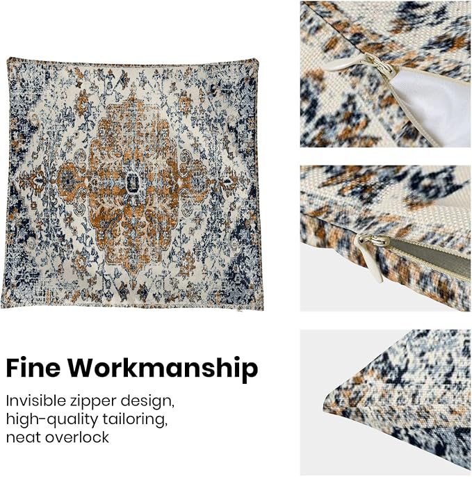 AEIOAE Boho Pillow Covers 16x16 Inch Set of 2,Carpet Pattern Throw Pillows Case,Rust Blue Ethnic Design Outdoor Decorative Square Linen Farmhouse Decor Cushion Covers for Home Sofa Bed Couch